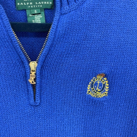 LAUREN RALPH LAUREN Gold Logo Quarter Zip Sweater royal blue pullover crest - Picture 7 of 9